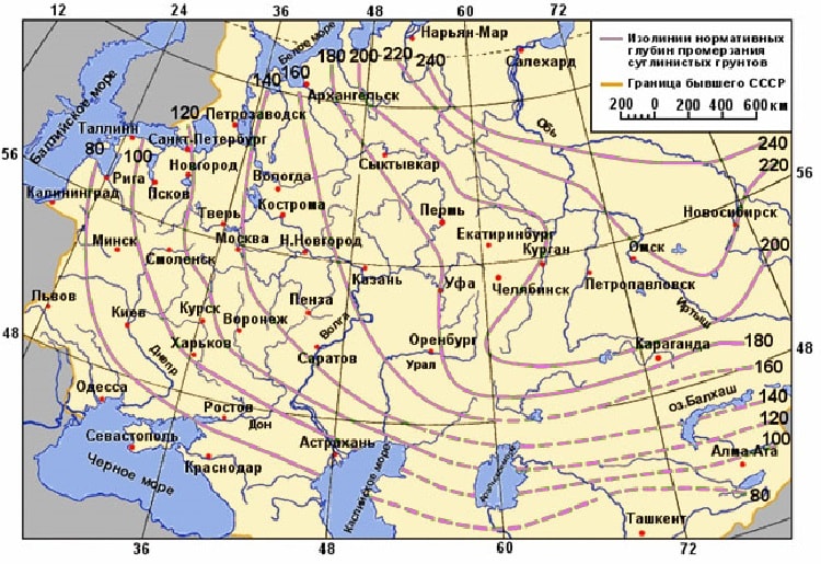 Карта глубины промерзания грунтов